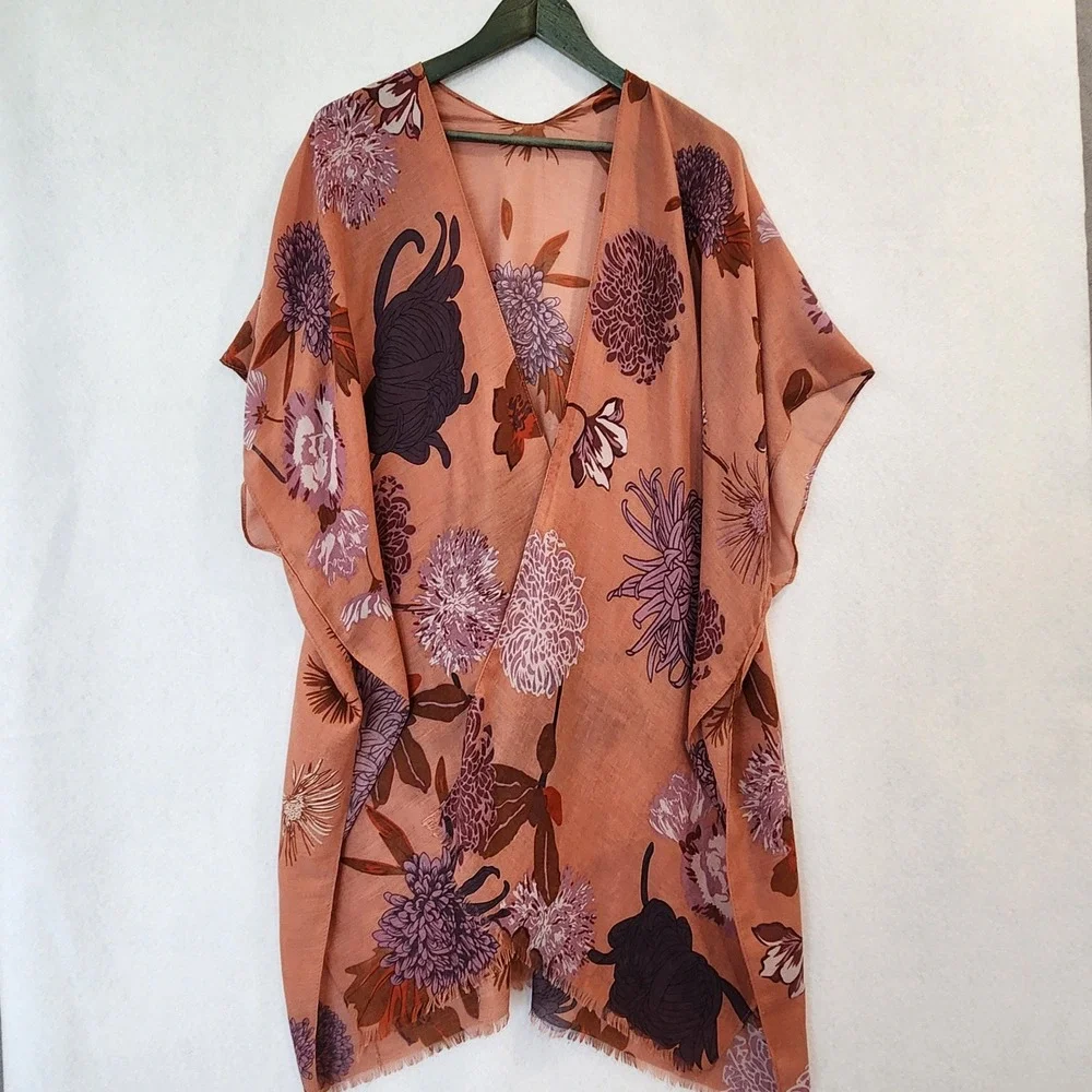 Floral‎ Kimono Wrap Terracotta Orange Purple Botanical Print Chiffon Shrug OS